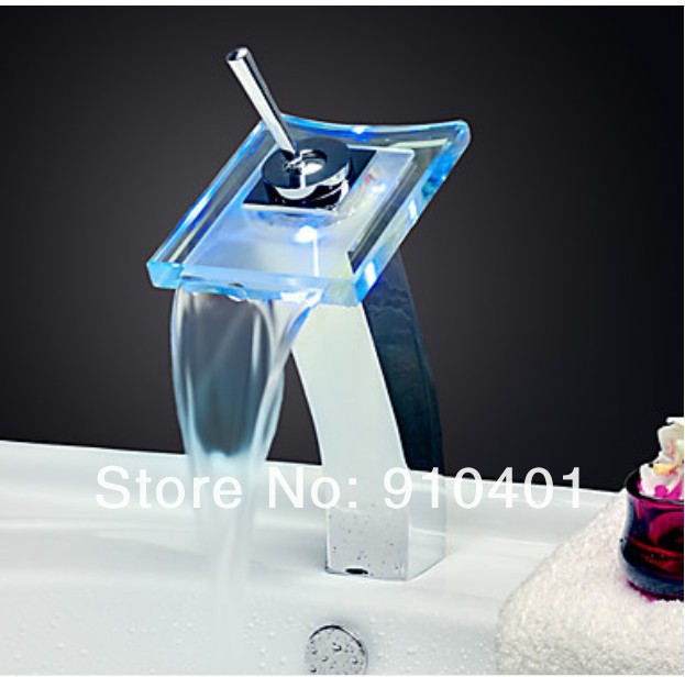 Contemporary Promotion LED Deck Mounted Bathroom Basin Faucet Single Handle Waterfall Sink Mixer Tap