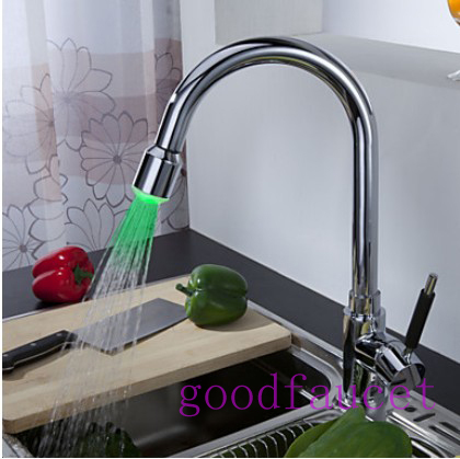 Discount Solid Brass chrome Kitchen Faucet vessel sink mixer hot and cold tap with Color Changing LED Light