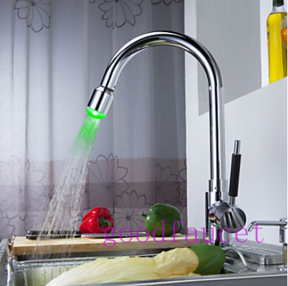 Discount Solid Brass chrome Kitchen Faucet vessel sink mixer hot and cold tap with Color Changing LED Light