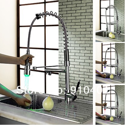 Factory direct sell!Color Changing Kitchen Faucet Dual Spouts LED Sink Mixer Chrome  Brass Tap(Tall)