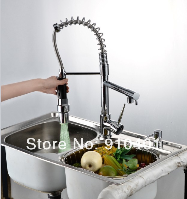 Factory direct sell!NEW Color changing LED light kitchen faucet solid brass spring sink mixer tap practical dual spouts(chrome)