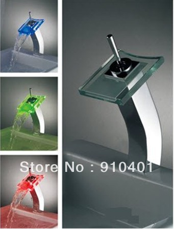 Hot SaleGlass Waterfall LED Basin Faucet Brass Sink Mixer Chrome Finish Color Changing Tap (Tall)