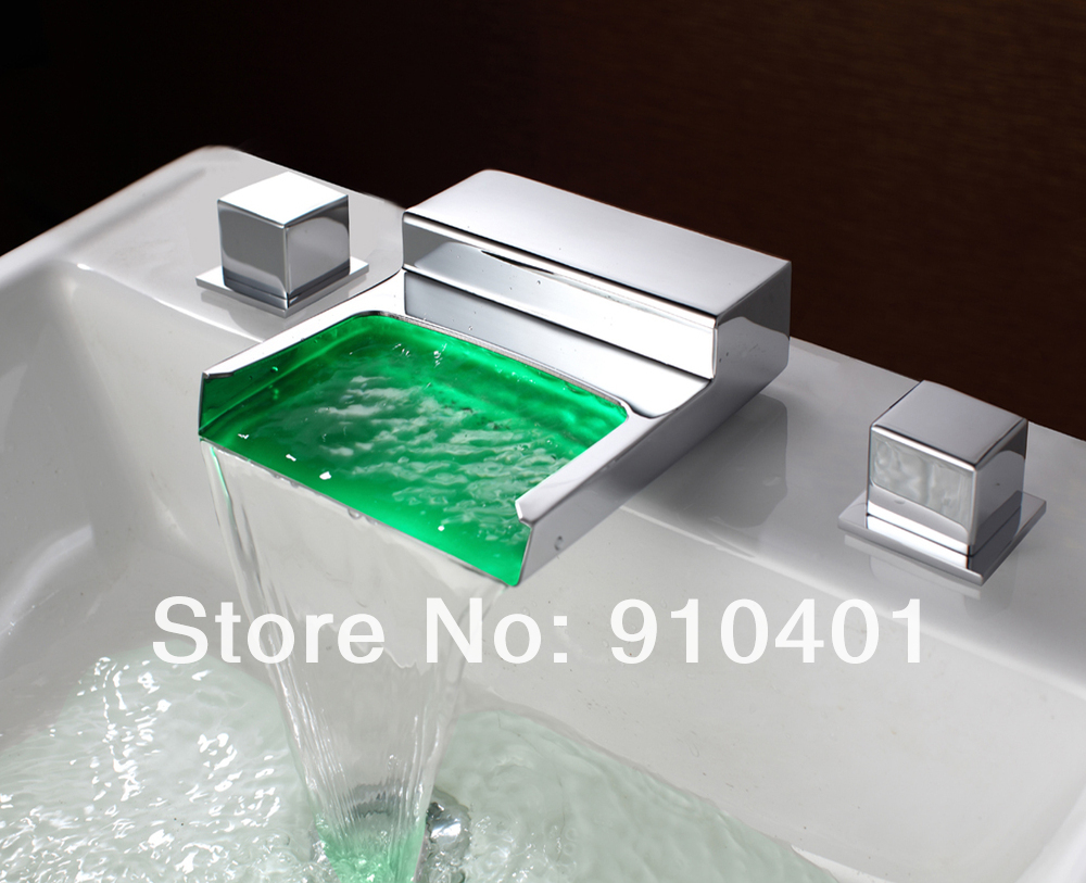 LED Light Widespread Chrome Brass Widespread Waterfall Basin Faucet Bathroom Sink Mixer Tap Dual Handles