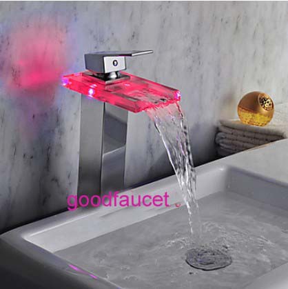 NEW 13" Tall Waterfall LED Faucet Color Changing Basin Mixer Tap Brass Spout Single Handle Hot And Cold Tap Chrome