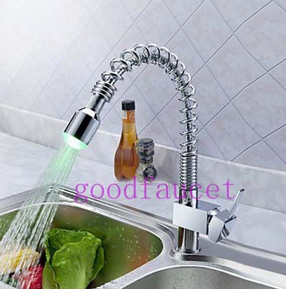 NEW Pull Out Sprayer LED Kitchen Faucet 3 Color Changing Vessel Sink Mixer Tap Chrome Single Handle Spring Faucet