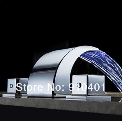 NEW!Sale Color Changing LED Waterfall Widespread Bathroom Sink Faucet Brass Hot&Cold Mixer Tap Chrome Finish