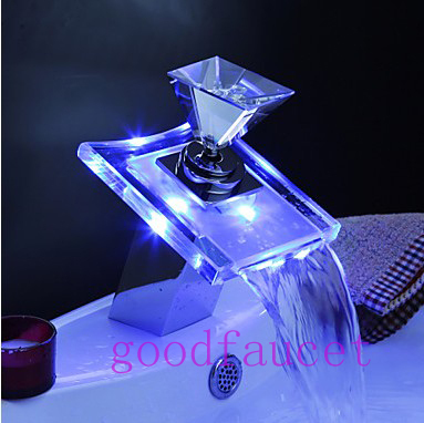 Waterfall Bath LED Faucet Color Changing Basin Mixer Tap Glass Spout & Handle Single Handle Deck Mounted