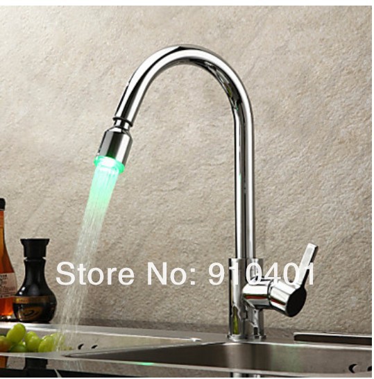 Wholesale And Retail Promotion   LED Color Changing Pull Out Brass Kitchen Faucet Single Handle Sink Mixer Tap