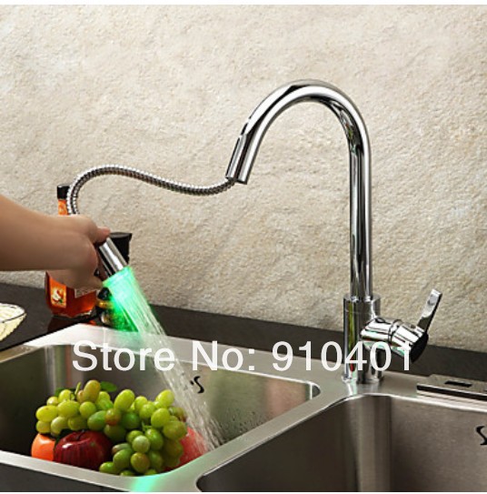 Wholesale And Retail Promotion   LED Color Changing Pull Out Brass Kitchen Faucet Single Handle Sink Mixer Tap