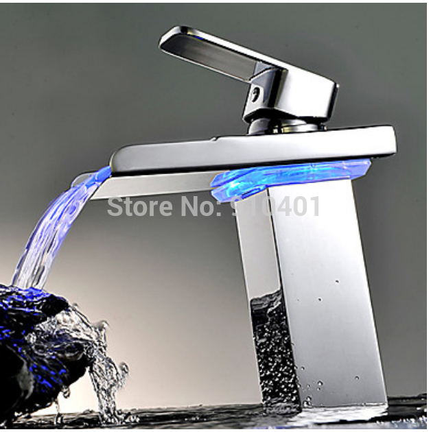 Wholesale And Retail Promotion Chrome Brass Bathroom Waterfall LED Basin Faucet Single Handle Sink Mixer Tap
