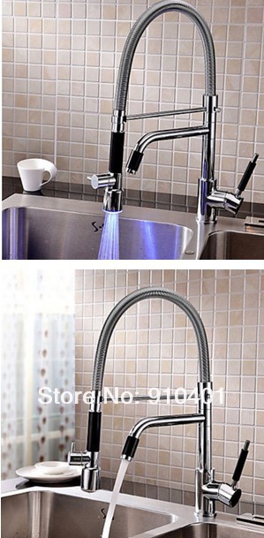 Wholesale And Retail Promotion  Chrome Finish LED Rotatable Kitchen Faucet Pull Out Sprayer Dual Spouts 1 Handle