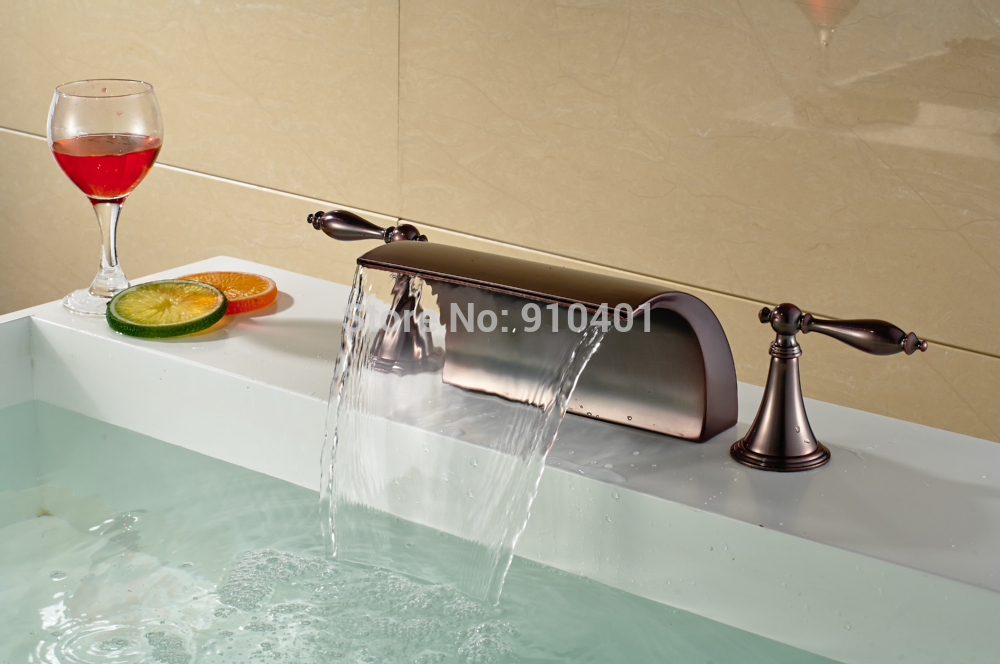 Wholesale And Retail Promotion Deck Mounted Oil Rubbed Bronze Waterfall Bathroom Sink Faucet LED Color Changing