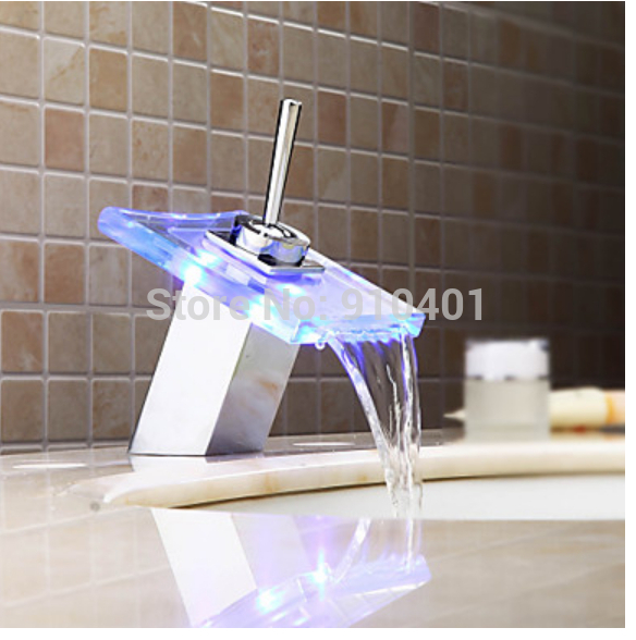 Wholesale And Retail Promotion LED Chrome Brass Bathroom Basin Faucet Sinlge Handle Waterfall Glass Mixer Tap