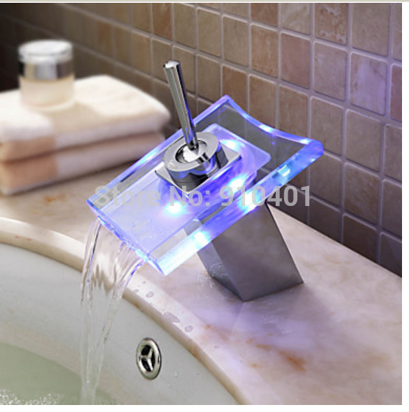 Wholesale And Retail Promotion LED Chrome Brass Bathroom Basin Faucet Sinlge Handle Waterfall Glass Mixer Tap