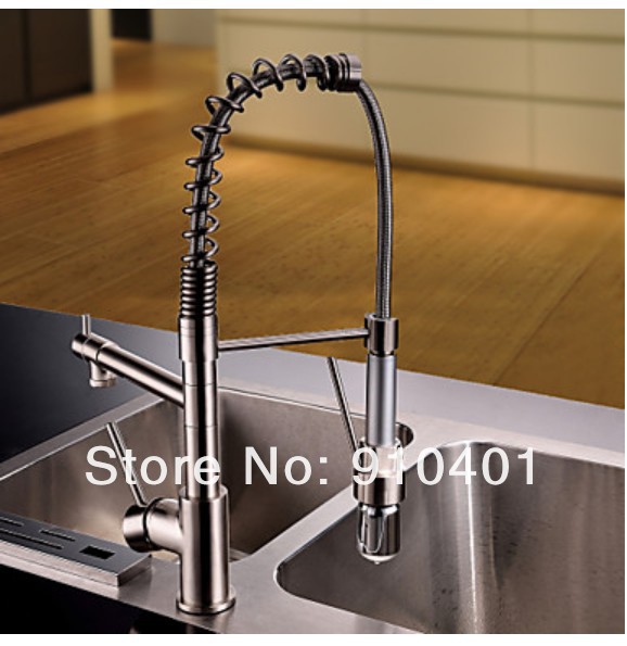 Wholesale And Retail Promotion LED Color Brushed Nickel Spring Kitchen Faucet Dual Swivel Spout Sink Mixer Tap