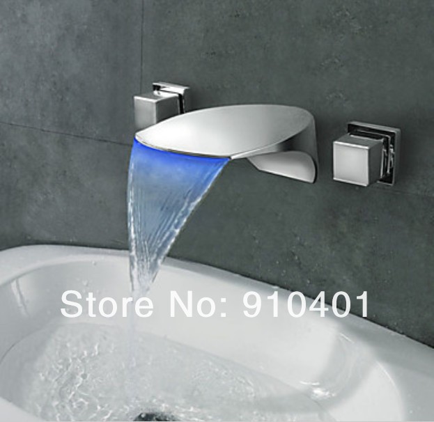 Wholesale And Retail Promotion  LED Colors Bathroom Waterfall Basin Faucet Wall Mounted Dual Handles Mixer Tap