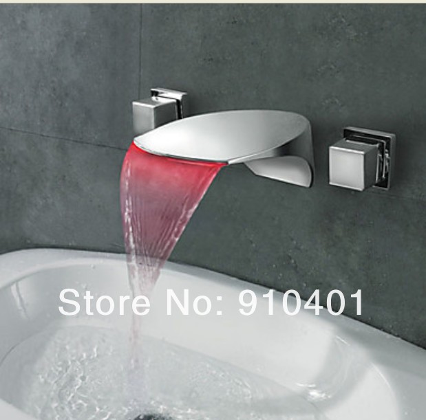Wholesale And Retail Promotion  LED Colors Bathroom Waterfall Basin Faucet Wall Mounted Dual Handles Mixer Tap