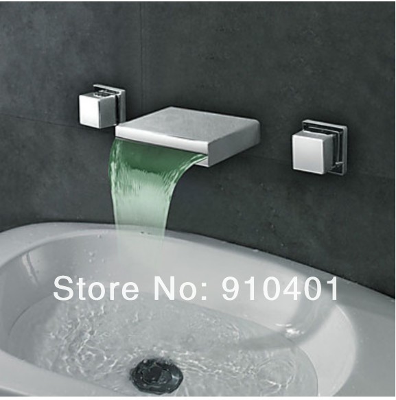 Wholesale And Retail Promotion LED Colors Wall Mounted Waterfall Bathroom Basin Faucet Dual Handles Mixer Tap
