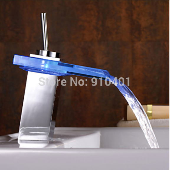 Wholesale And Retail Promotion LED Glass Waterfall Basin Faucet Single Handle Vanity Sink Mixer Tap Deck Mount