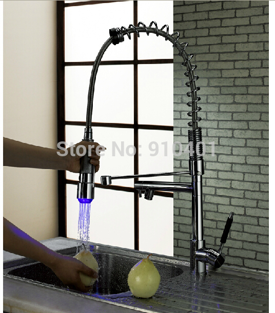 Wholesale And Retail Promotion LED Spring Chrome Brass Kitchen Faucet Swivel Spout Single Handle Sink Mixer Tap