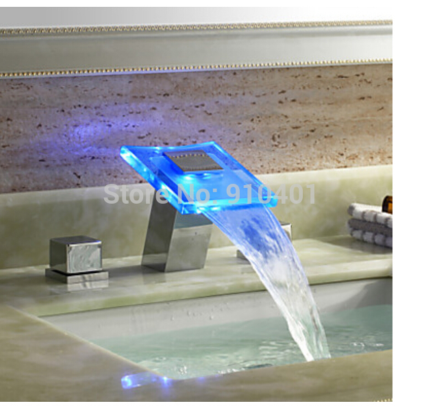 Wholesale And Retail Promotion Luxury LED Color Changing Waterfall Bathroom Basin Faucet Dual Handles Mixer Tap