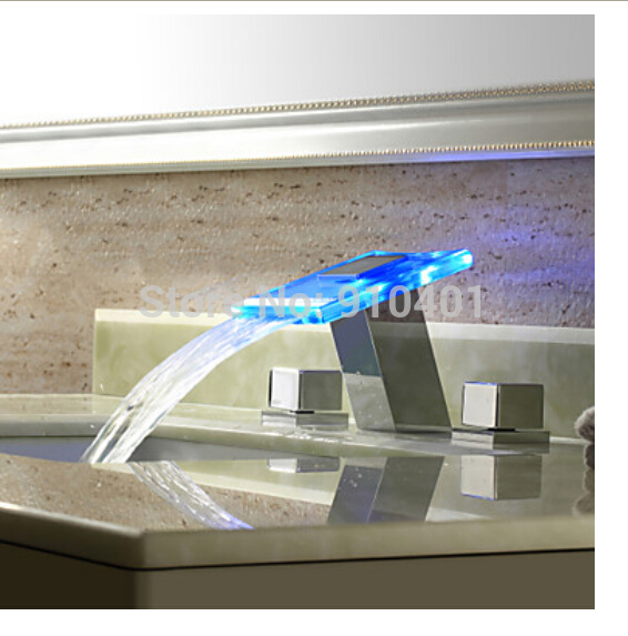 Wholesale And Retail Promotion Modern Waterfall LED Bathroom Basin Faucet Dual Handles Sink Mixer Tap Chrome