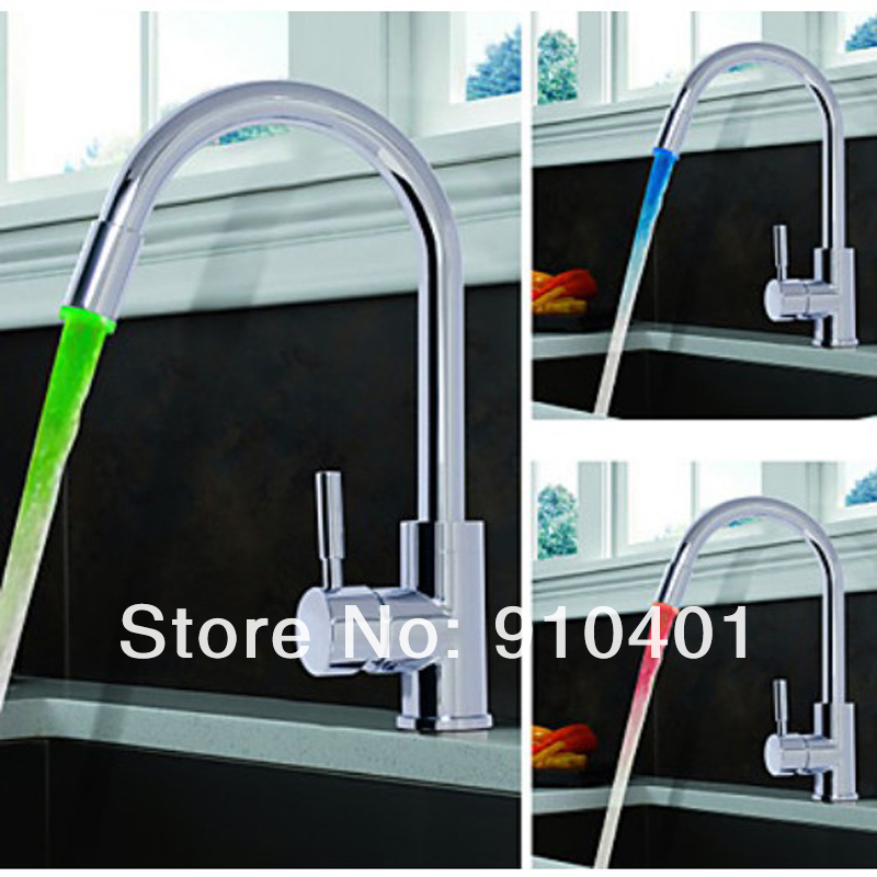 Wholesale And Retail Promotion NEW LED Color Changing Kitchen Faucet Swivel Spout Vessel Sink Mixer Tap Chrome