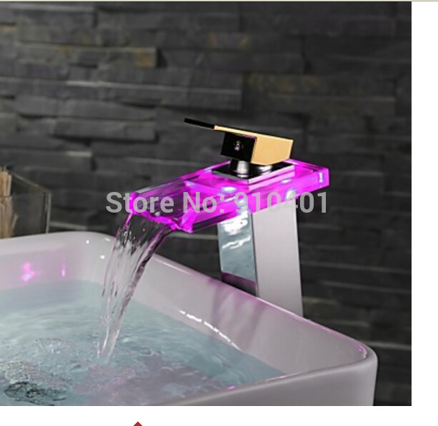 Wholesale And Retail Promotion NEW Waterfall LED Color Changing Bathroom Basin Faucet Single Handle Mixer Tap