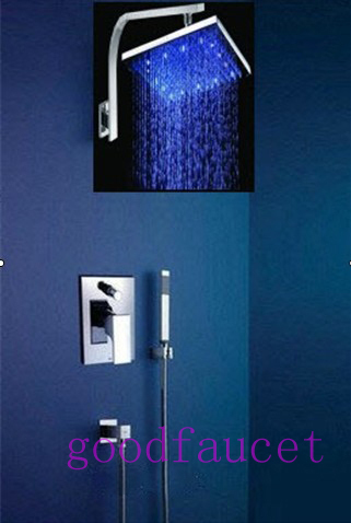 Modern Square 8" LED Shower Faucet Mixer Set W/ Handheld Shower Color Changing Chrome Finish