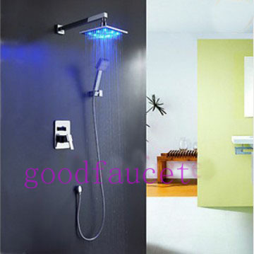 Wall Mount LED Light Rain Shower Faucet Set 8" Shower Head + Handheld Shower Chrome Thermostatic Faucets