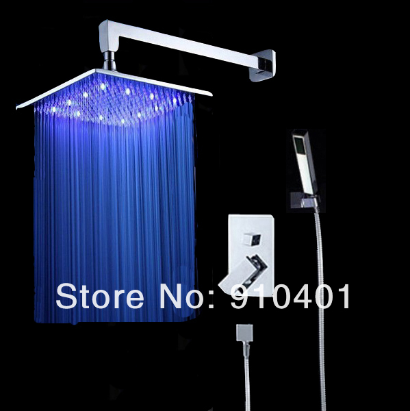Wholesale And Retail Promotion LED Colors 12" Brass Square Rain Shower Faucet Set Shower Mixer Tap Hand Shower