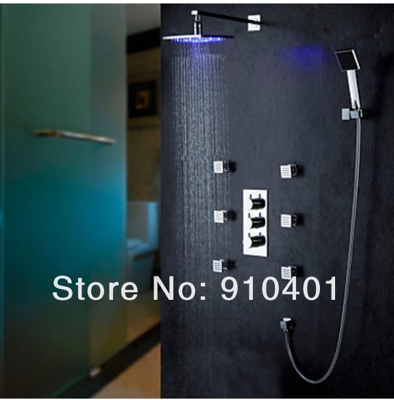 Wholesale And Retail Promotion Thermostatic Wall Mounted LED 12" Square Rain Shower Faucet Hand Shower W/ Jets