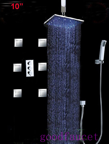Wholesale /Retail Celling Mounted 10" Chrome Brass LED Thermostatic Shower Faucet Set 6 Massage Jets Body Spray