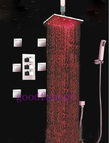 wholesale and retail promotion Celling Mounted 12" LED Thermostatic Shower Faucet Set 6 Massage Jets Body Spray