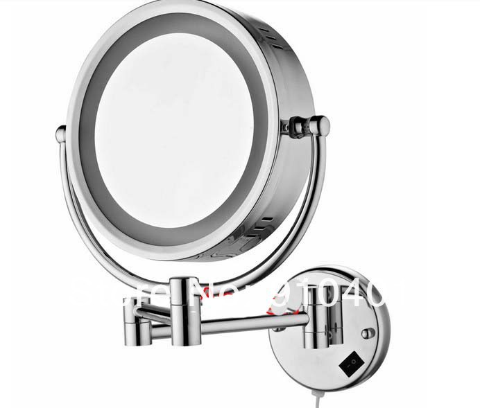 Wholesale And Retail Promotion Chrome Brass Wall Mounted LED Make Up Mirror Dual Magnifying Yellow Light Mirror