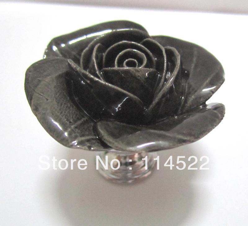 Zinc Alloy With Hand Made Ceramic Black Rose Knobs With Gold Edge