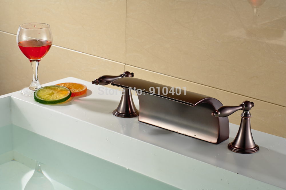 Wholesale And Retail Promotion Deck Mounted Oil Rubbed Bronze Waterfall Bathroom Sink Faucet Dual Handles Mixer
