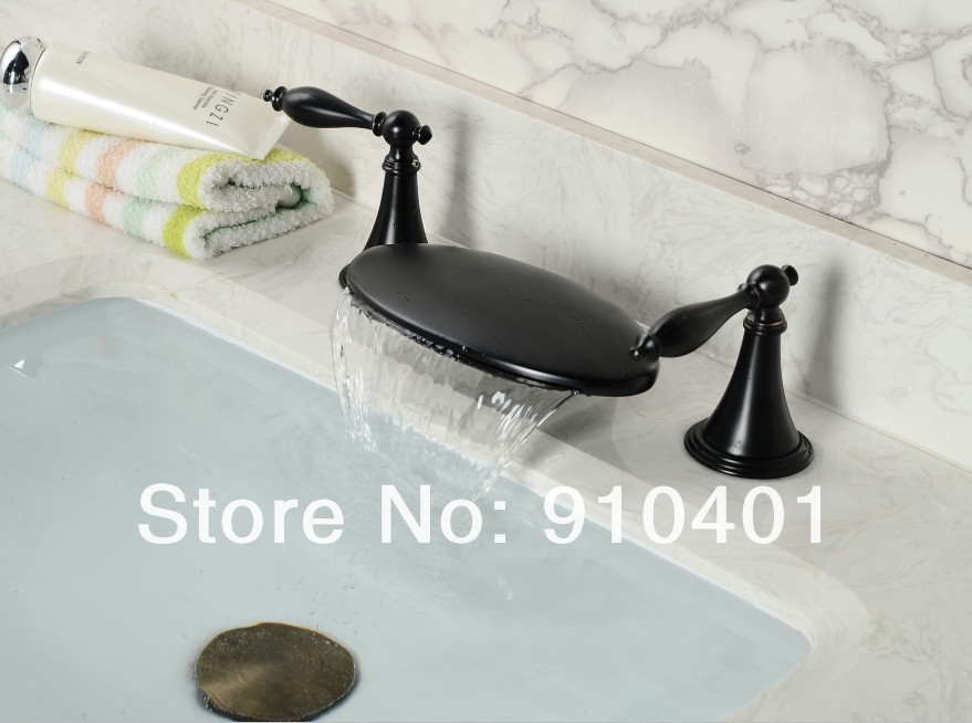 Wholesale And Retail Promotion NEW Deck Mounted Oil Rubbed Bronze Waterfall Bathroom Basin Faucet Dual Handles