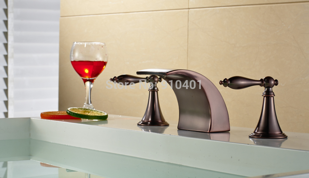 Wholesale And Retail Promotion NEW Deck Mounted Widespread Waterfall Bathroom Basin Sink Faucet Tub Mixer Tap