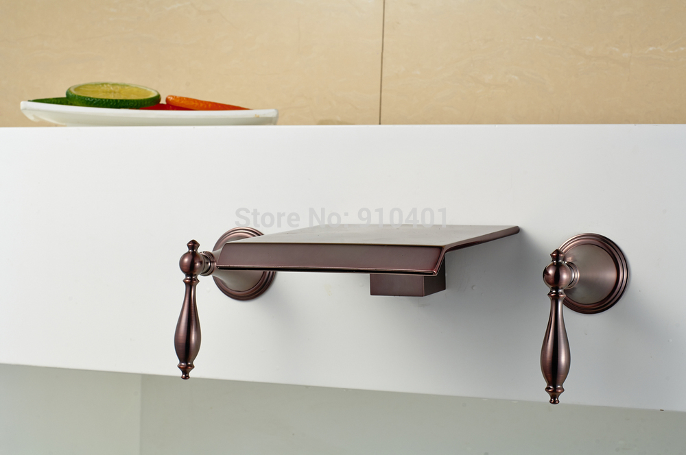 Wholesale And Retail Promotion Oil Rubbed Bronze Wall Mount Waterfall Basin Faucet Dual Handles Sink Mixer Tap