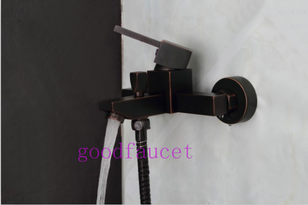 Square Simple Oil Rubbed Bronze Shower Set Fauce Mixer Tap Tub Faucet W / Handheld Shower