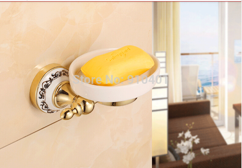 Wholesale And Retail Promotion Modern Blue And White Porcelain Golden Brass Soap Dish Holder W/ Ceramic Dish