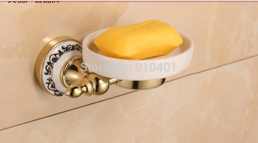 Wholesale And Retail Promotion Modern Blue And White Porcelain Golden Brass Soap Dish Holder W/ Ceramic Dish