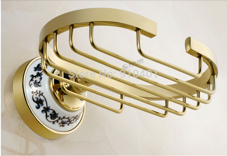 Wholesale And Retail Promotion NEW Blue And White Porcelain Golden Brass Soap Dish Holder Bathroom Soap Basket