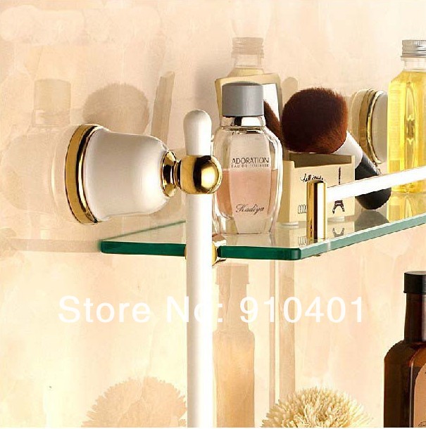 Luxury Gold White Brass Shower Caddy Cosmetic Shelf Dual Glass Tier W/Towel Bar