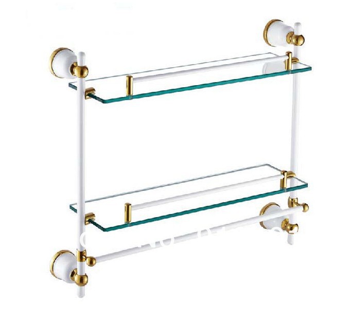 Luxury Gold White Brass Shower Caddy Cosmetic Shelf Dual Glass Tier W/Towel Bar