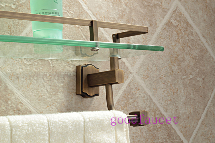 Multi-function Wall mount antique bronze bathroom shelf brass made base + glass shelf + towel rack Storage Holders