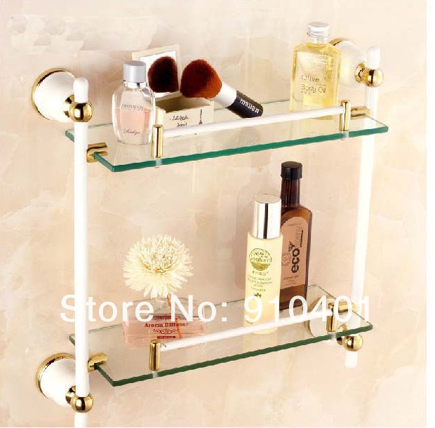 Wall Mounted White Golden Bathroom Shower Caddy Cosmetic Glass Shelf Dual Tier