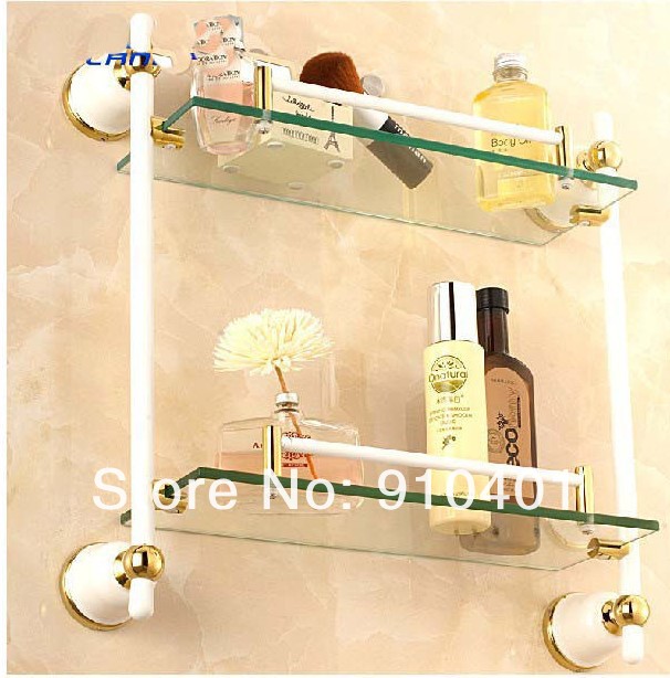Wall Mounted White Golden Bathroom Shower Caddy Cosmetic Glass Shelf Dual Tier