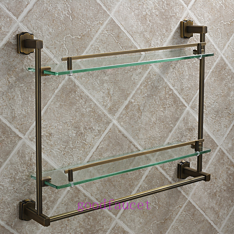 Wall mounted antique bronze bathroom shelf brass made base + glass shelf dual tier bathroom accessaries